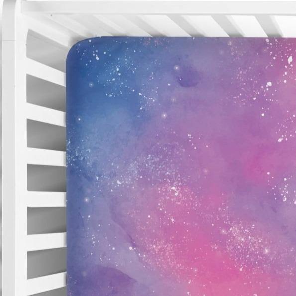 Fitted Crib Sheet in Pink and Blue Galaxy Print