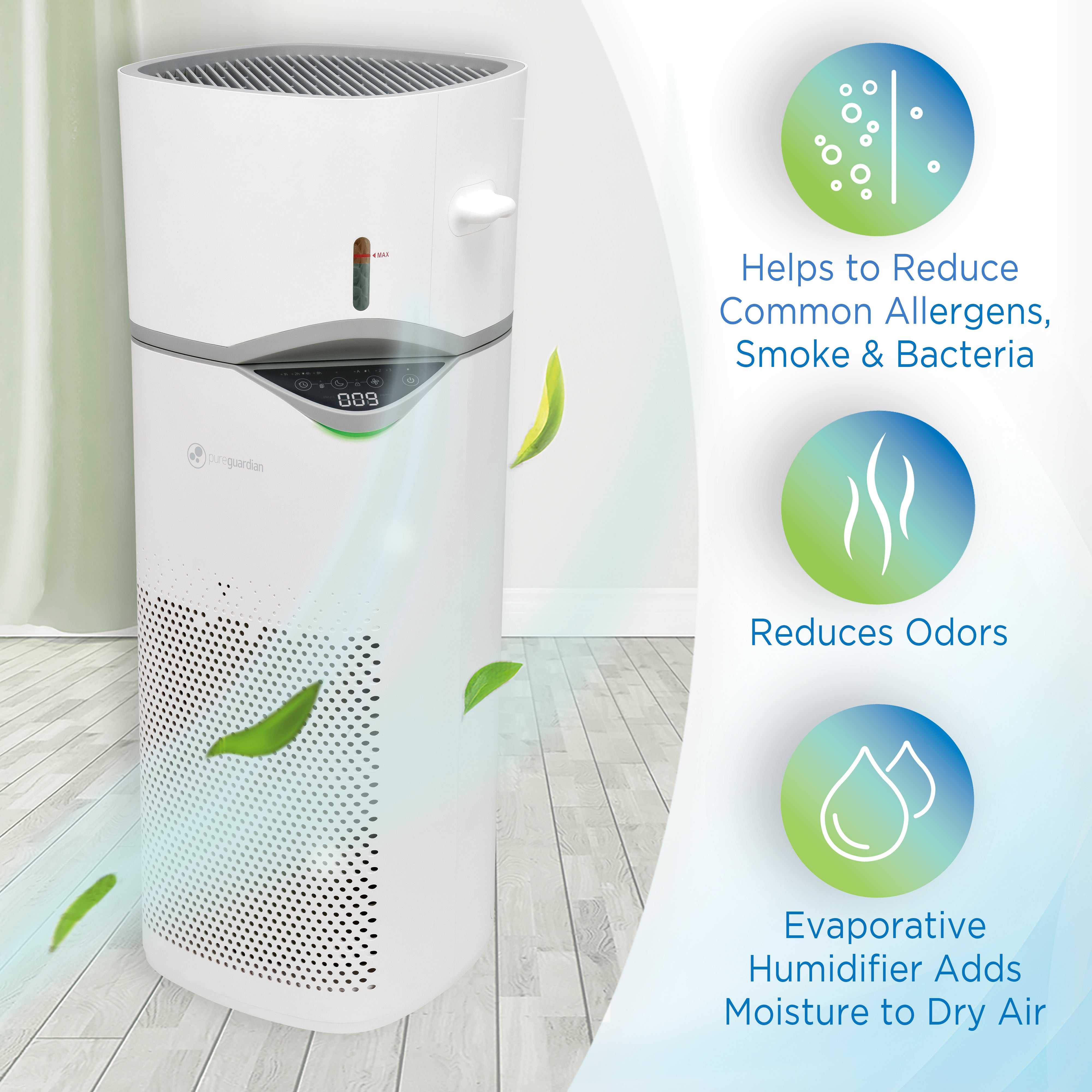 PureGuardian APH406W 2-in-1 Air Purifier with HEPA Filter and Humidifier - All Season Console for Large Rooms