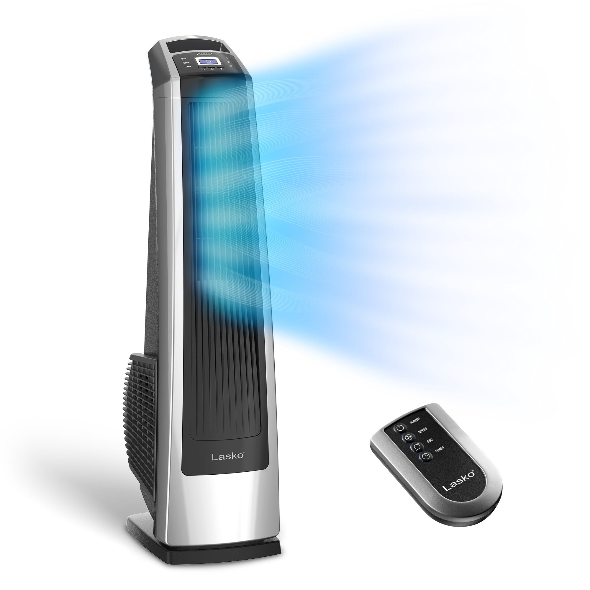 Lasko High Velocity Tower Fan with Remote Control, U35115, Silver/Black