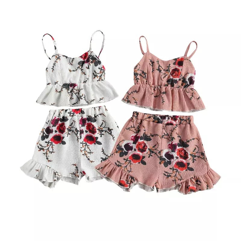 Radiant Rose Vine Toddler Girl 2-Piece High-Waist Ruffle Short with Spaghetti-Strap Tank Top Set