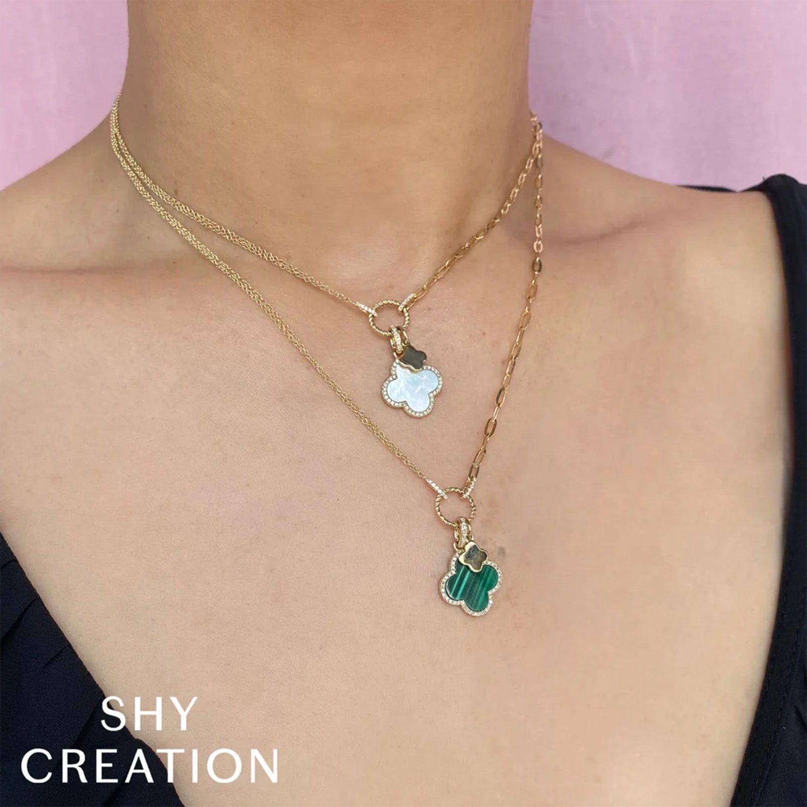 Shy Creation Diamond and Malachite Clover Paper Clip Necklace