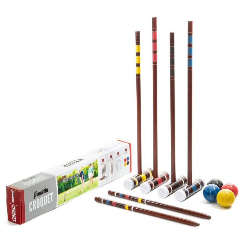 Croquet Set - Includes 4 Croquet Wood Mallets, 4 All Weather Balls, 2 Wood Stakes and 9 Metal Wickets - Classic Family Outdoor Game - Starter Set