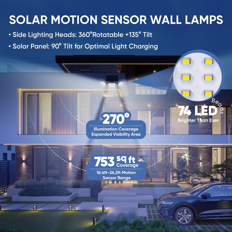 2 Pack Solar Motion Sensor Outdoor Lights with High Brightness 74 LEDS