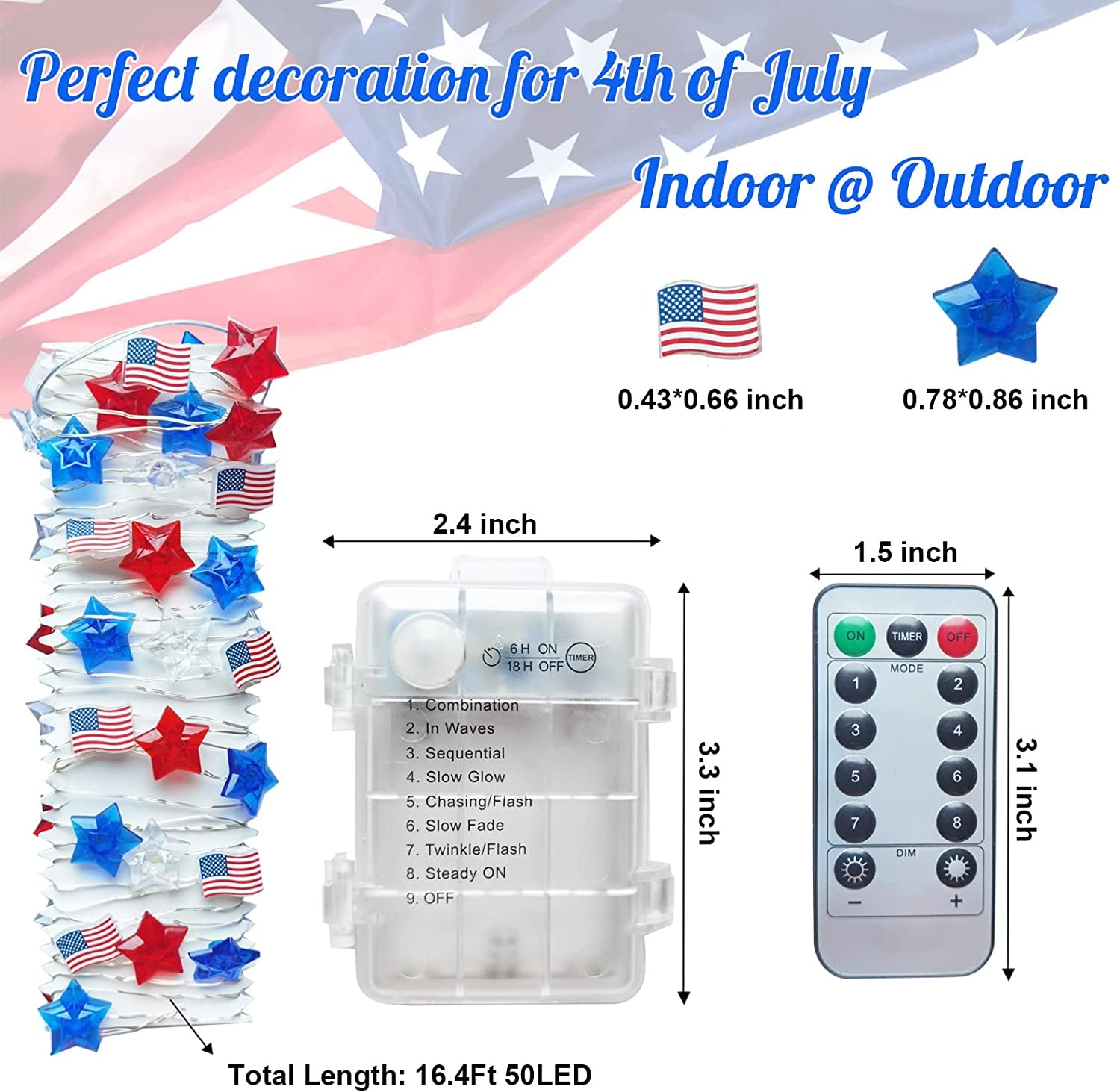 4th of July Decorations - 16.4FT 50 LED Memorial Day Patriotic Decorations String Lights, Star Red White and Blue Lights with American Flag, Independence Day Decoration for Home Indoor Outdoor