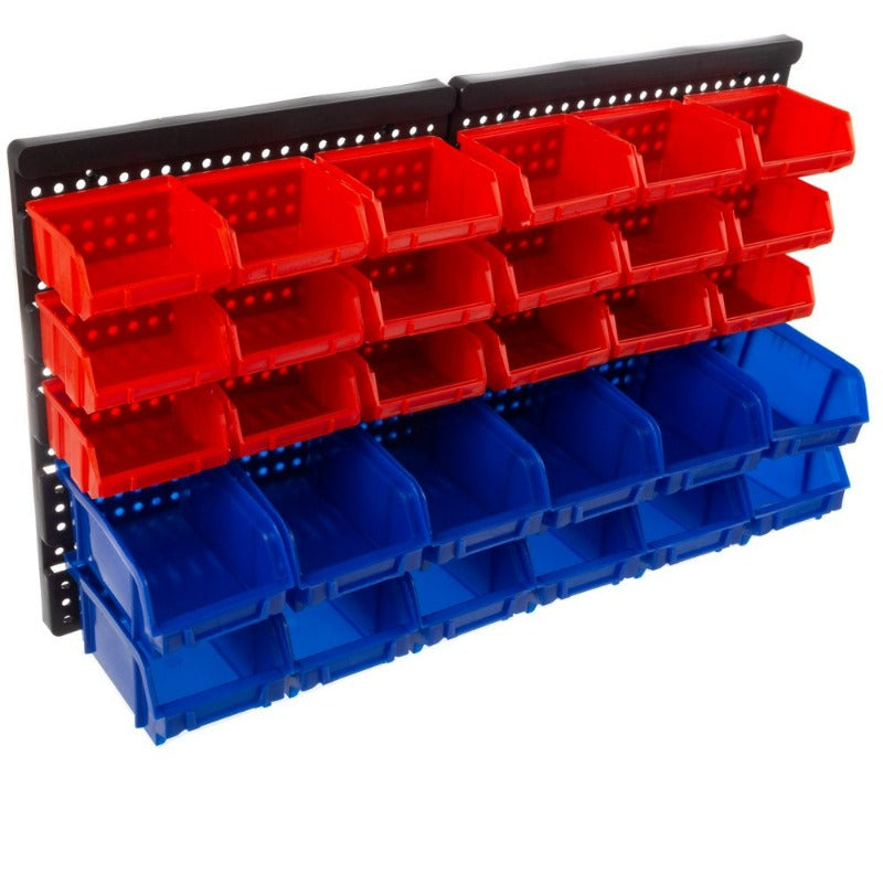 Wall-Mounted 30-Compartment Garage Storage Bins (Red/Blue)
