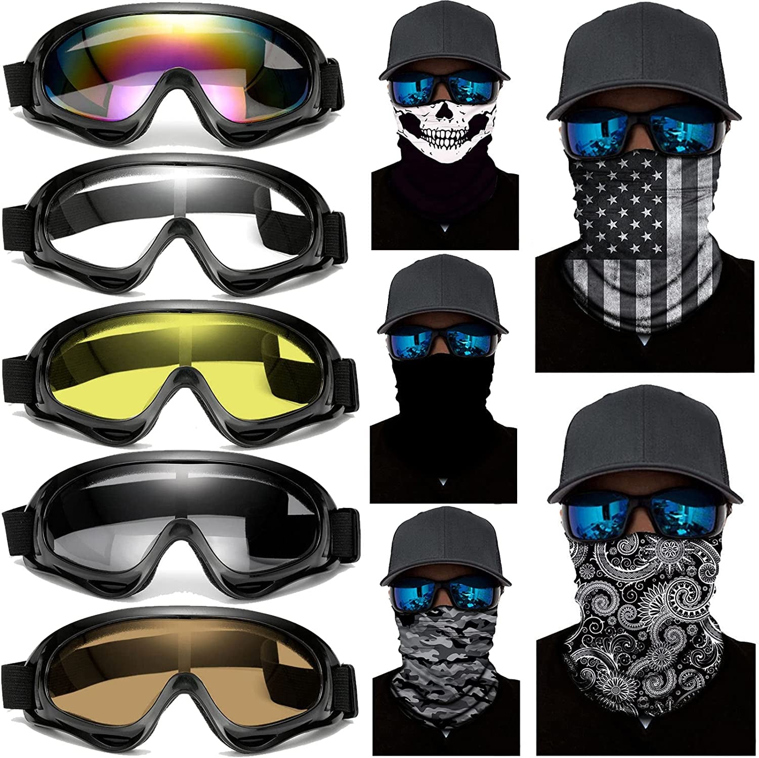 10 Packs Motorcycle Accessories, 5PCS Dirt Bike Ski Goggles Dustproof Windproof Safety Glasses and 5PCS Face Masks