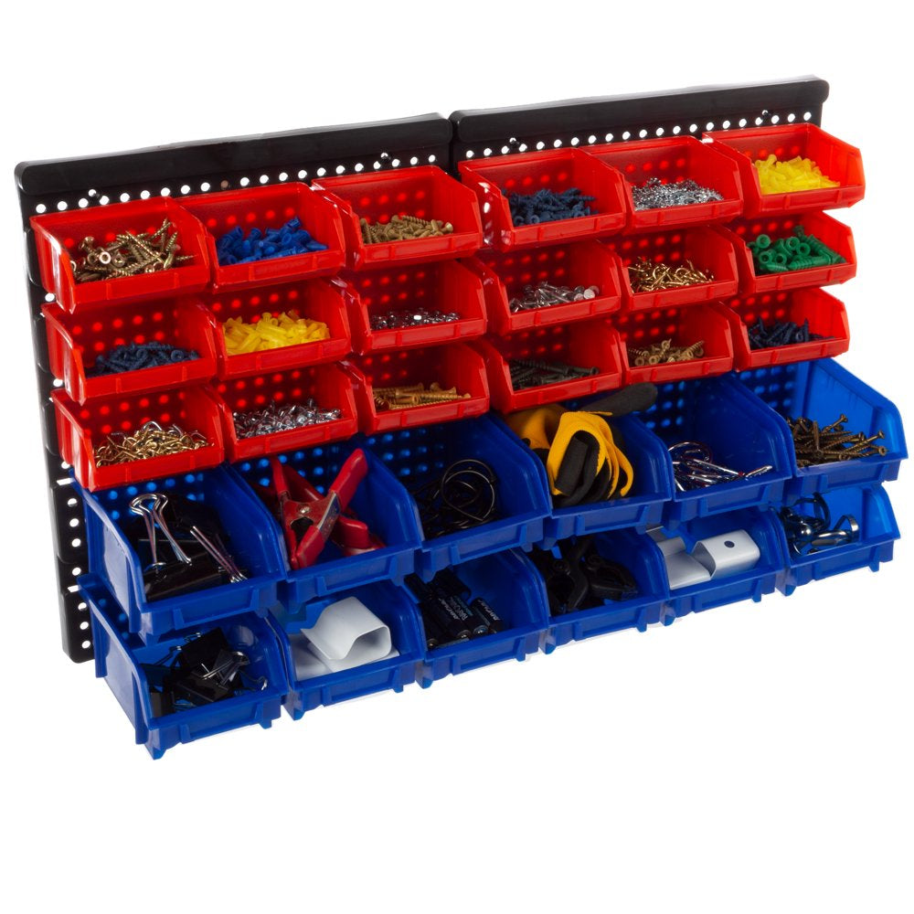 Wall-Mounted 30-Compartment Garage Storage Bins (Red/Blue)