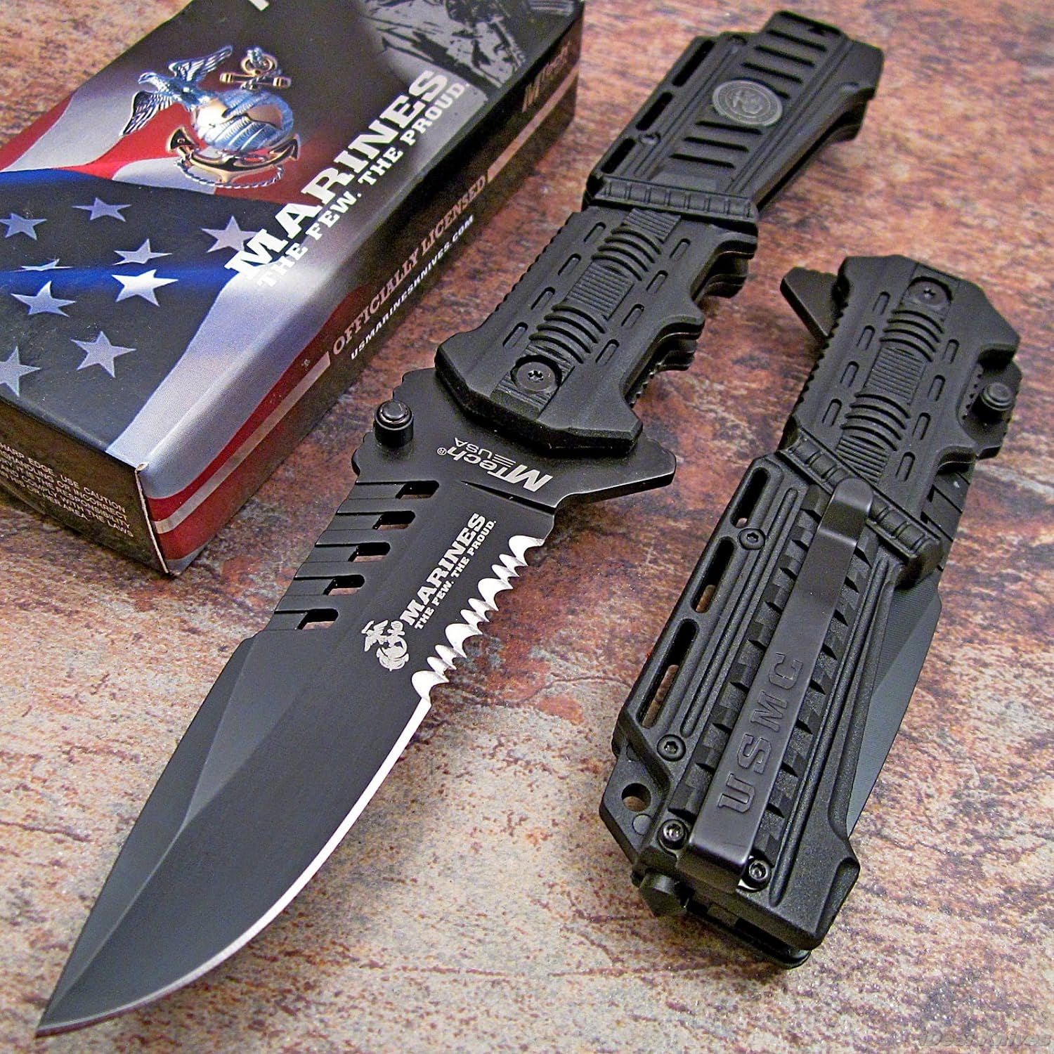 USMC Marines Black Spring Assisted Opening Tactical Rescue Folding Pocket Knife