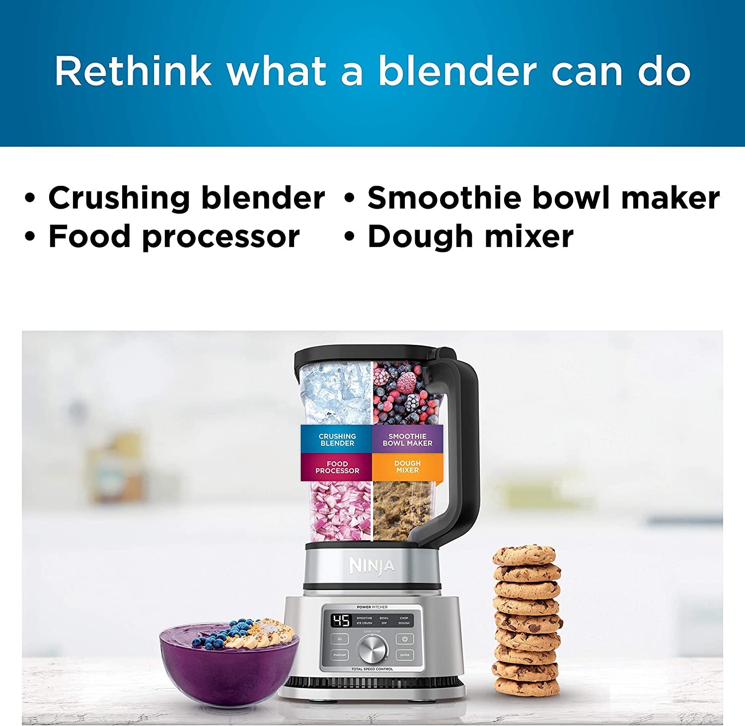 Ninja SS201 Foodi Power Pitcher 4In1 Smoothie Bowl Maker Crushing Blender Dough Mixer Food Processor 1400WP Smarttorque 6 Auto-Iq Presets, with a Stainless Silver Finish (Renewed) (Ninja SS201)