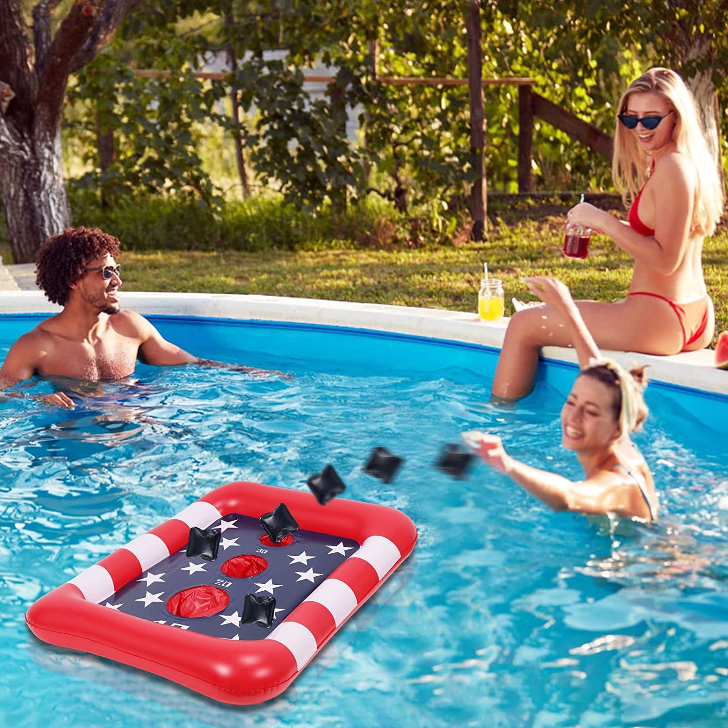 Floating Cornhole Set, American Flag Swimming Pool Party Supplies Pool Accessories, Summer Pool Toys for Kids Adults, 2pcs Float Cornhole Boards