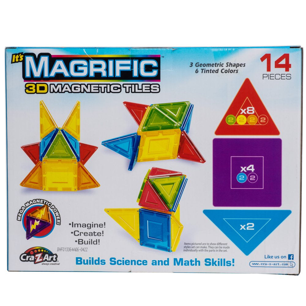 14 Piece Multicolor Magnetic Tiles Set, Child Ages 3 and Up