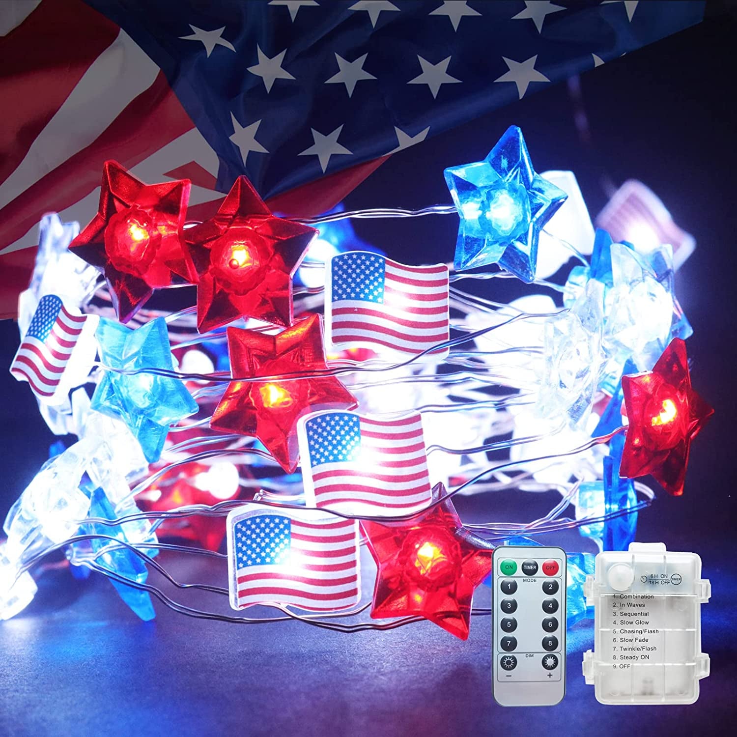 4th of July Decorations - 16.4FT 50 LED Memorial Day Patriotic Decorations String Lights, Star Red White and Blue Lights with American Flag, Independence Day Decoration for Home Indoor Outdoor