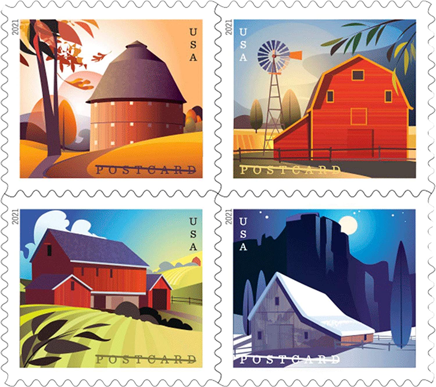 USPS Barn POSTCARD 2021 Forever Postage Stamps - Sheet of 20 Postage Stamps