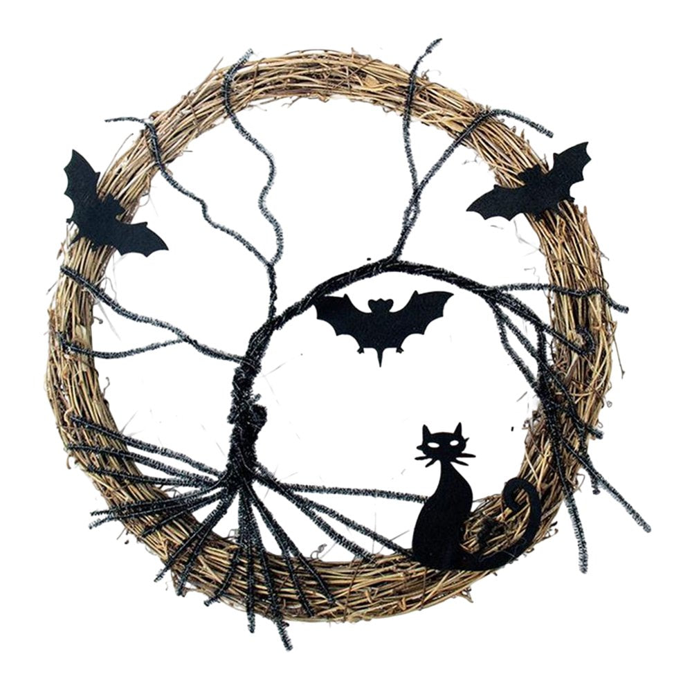 Bat Black Cat Wreath Festive Atmosphere for Front Door Wall Decor (40Cm)