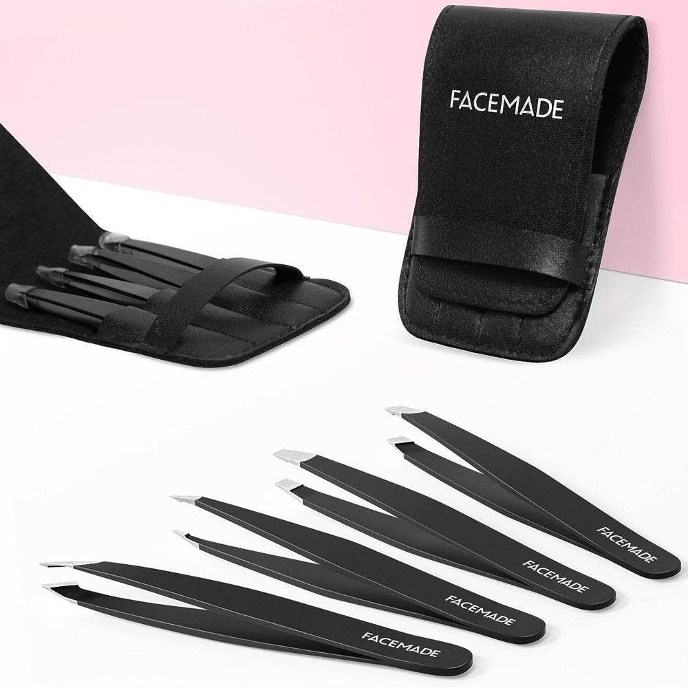 4 Pcs Tweezers Set,Stainless Steel Hair Removal Makeup Tool,Gift,Black