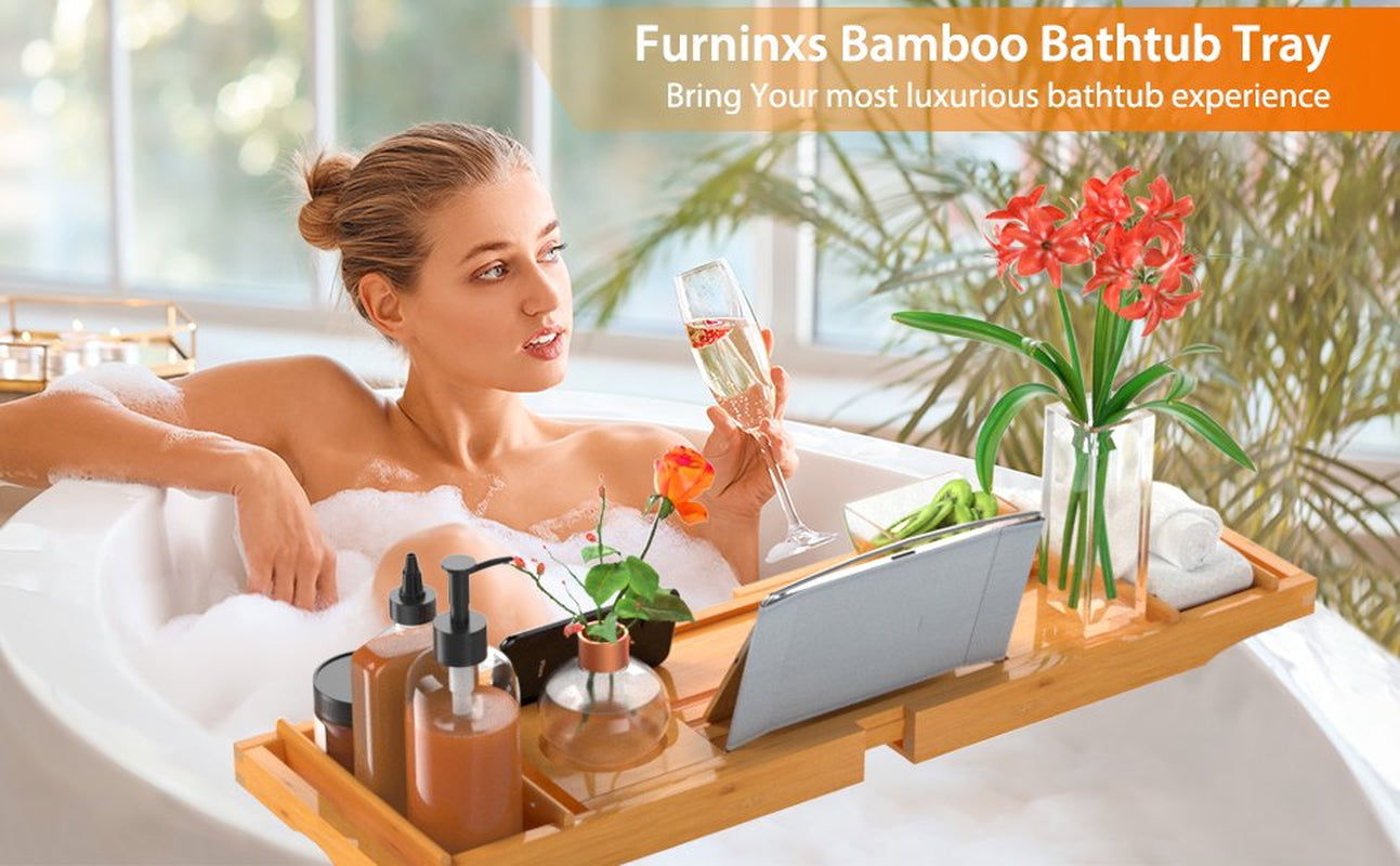 Expandable Bamboo Bathtub Caddy Tray for Bath Tub