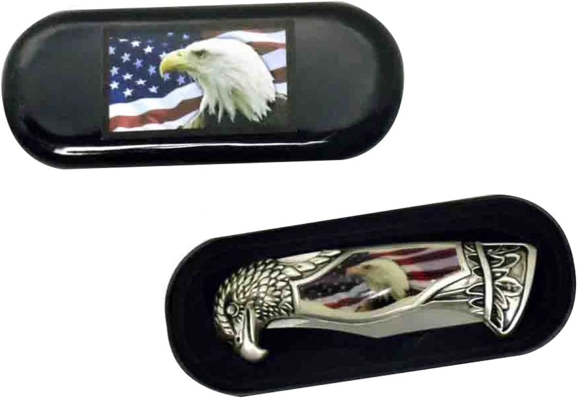 USA Flag & American Bald Eagle Head Shaped Folding Pocket Knife w/Gift Box Case