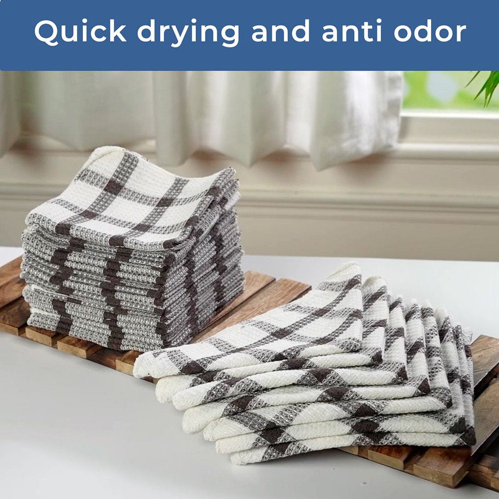 Set of 24 | 100% Cotton | 12 X 12 Inches | Checkered Pattern Brown Dish Towels Scrubbing Clothes Cleaning Rags Kitchen Essentials