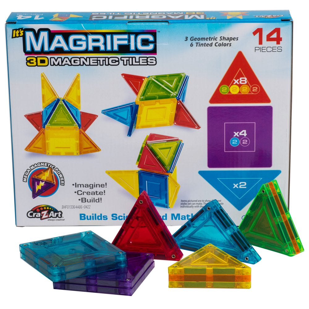 14 Piece Multicolor Magnetic Tiles Set, Child Ages 3 and Up