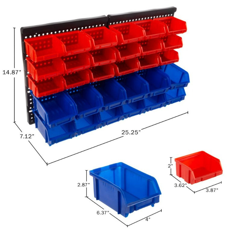 Wall-Mounted 30-Compartment Garage Storage Bins (Red/Blue)