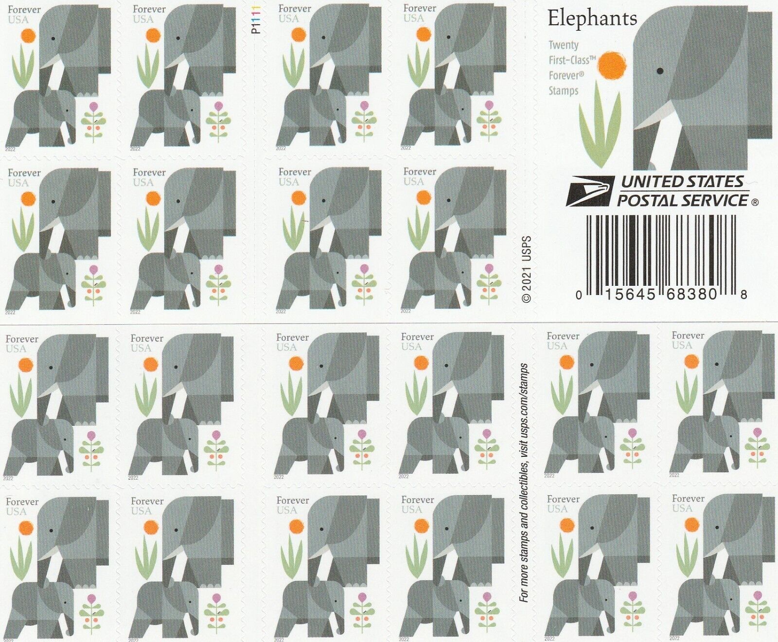 USPS Elephants 2022 Forever Stamps - Book of 20 Postage Stamps