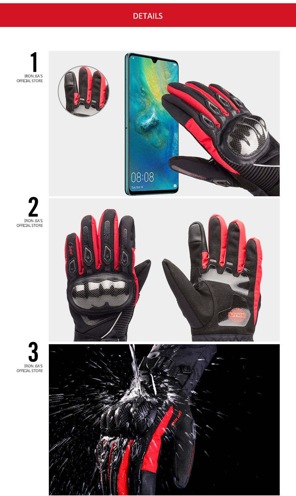 Gants de moto de fer JIA d'hiver Étanche imperméable à écran tactile Fibre de carbone moto moto motocross moto moto gants d'équitation