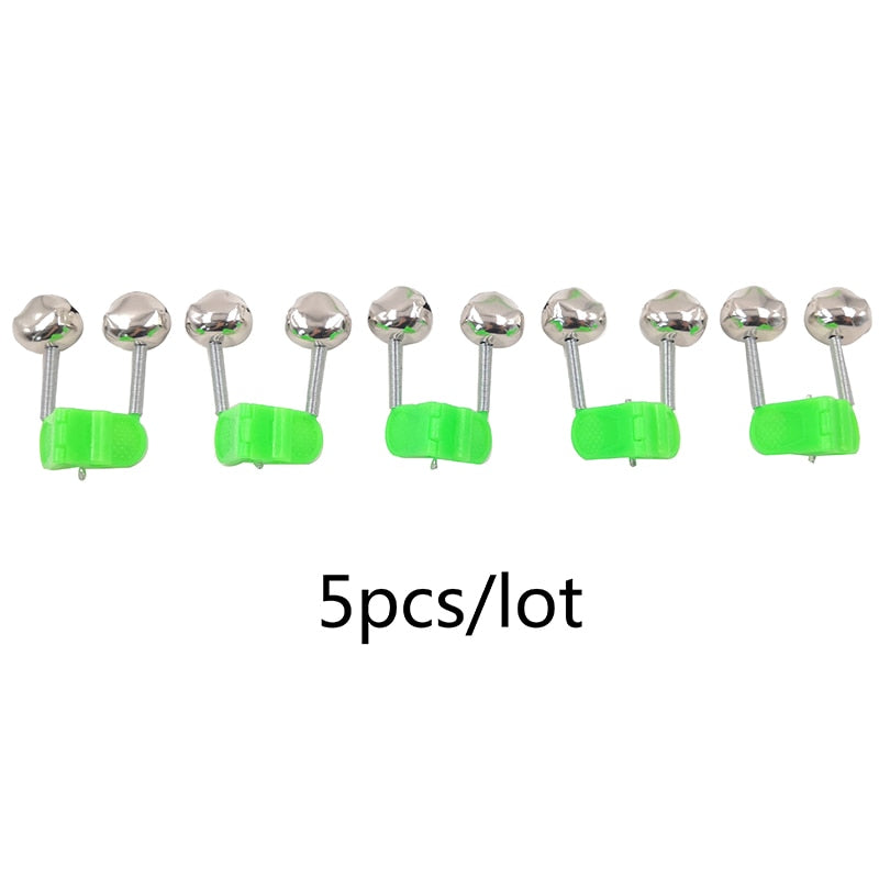 OUTKIT 5pcs/lot Fishing Bite Alarms Fishing Rod Bell Rod Clamp Tip Clip Bells Ring Green ABS Fishing Accessory Outdoor Metal