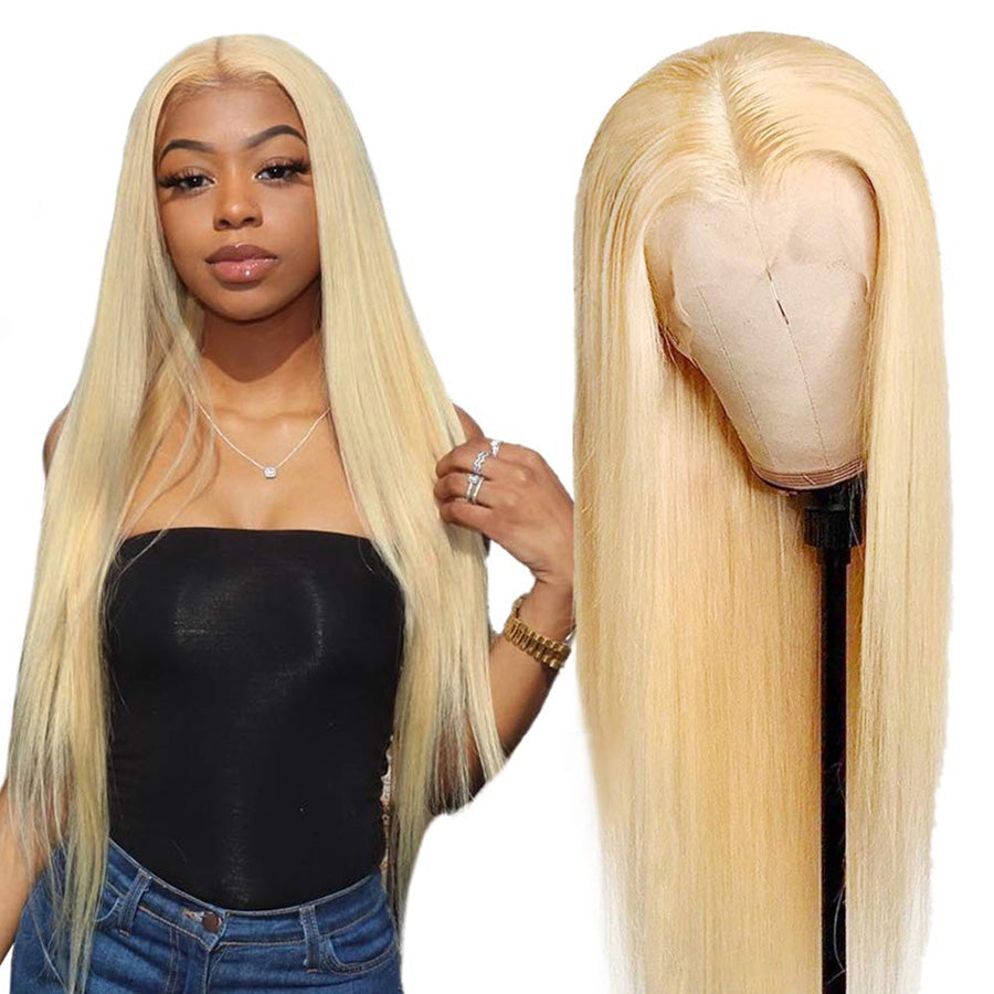 a woman with blonde human hair wig