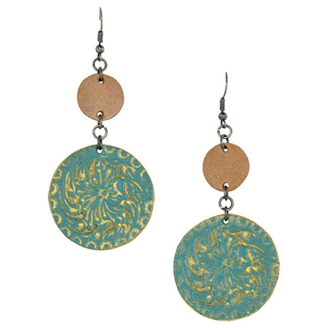 Justin Tooled Leather Turquoise Disc Earrings