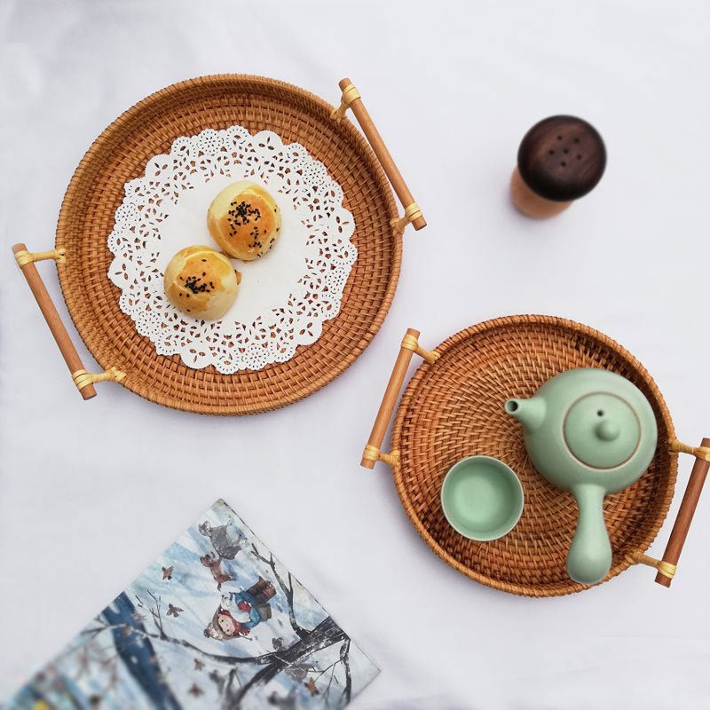 Round Rattan Tray with Handles