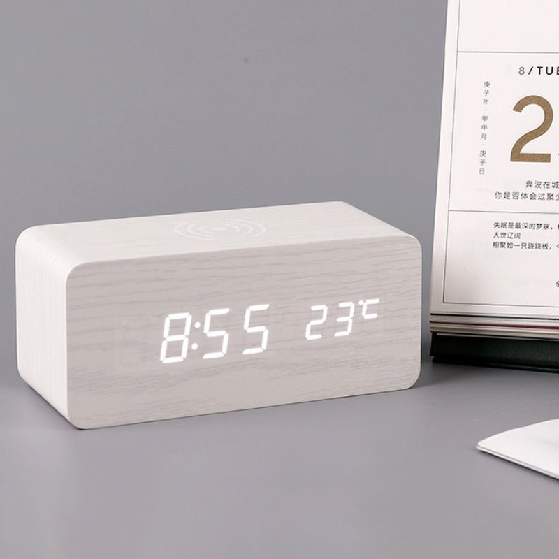 Wooden Electric Alarm Clock with Wireless Charging Pad