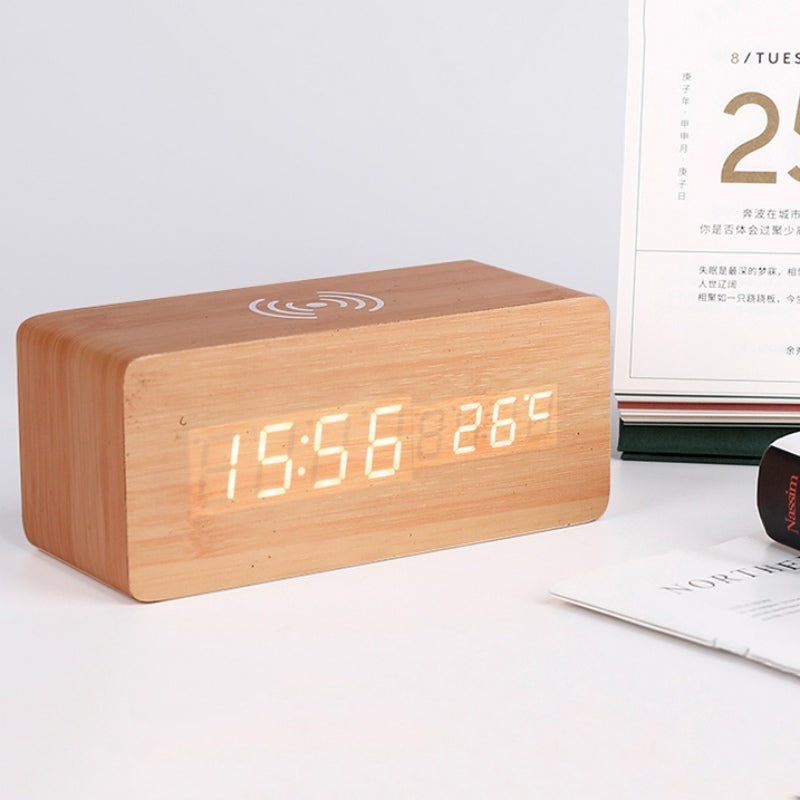 Wooden Electric Alarm Clock with Wireless Charging Pad