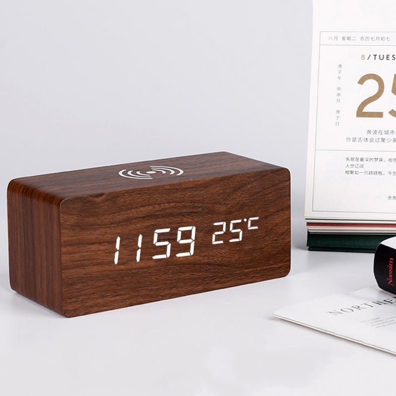 Wooden Electric Alarm Clock with Wireless Charging Pad