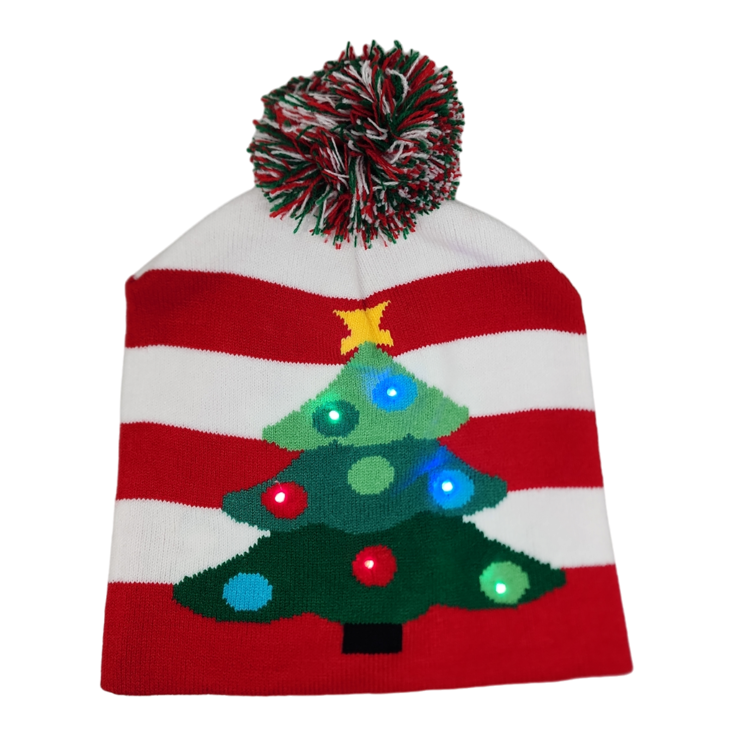 Battery-Operated LED Light-Up Knit Hat - Christmas Tree