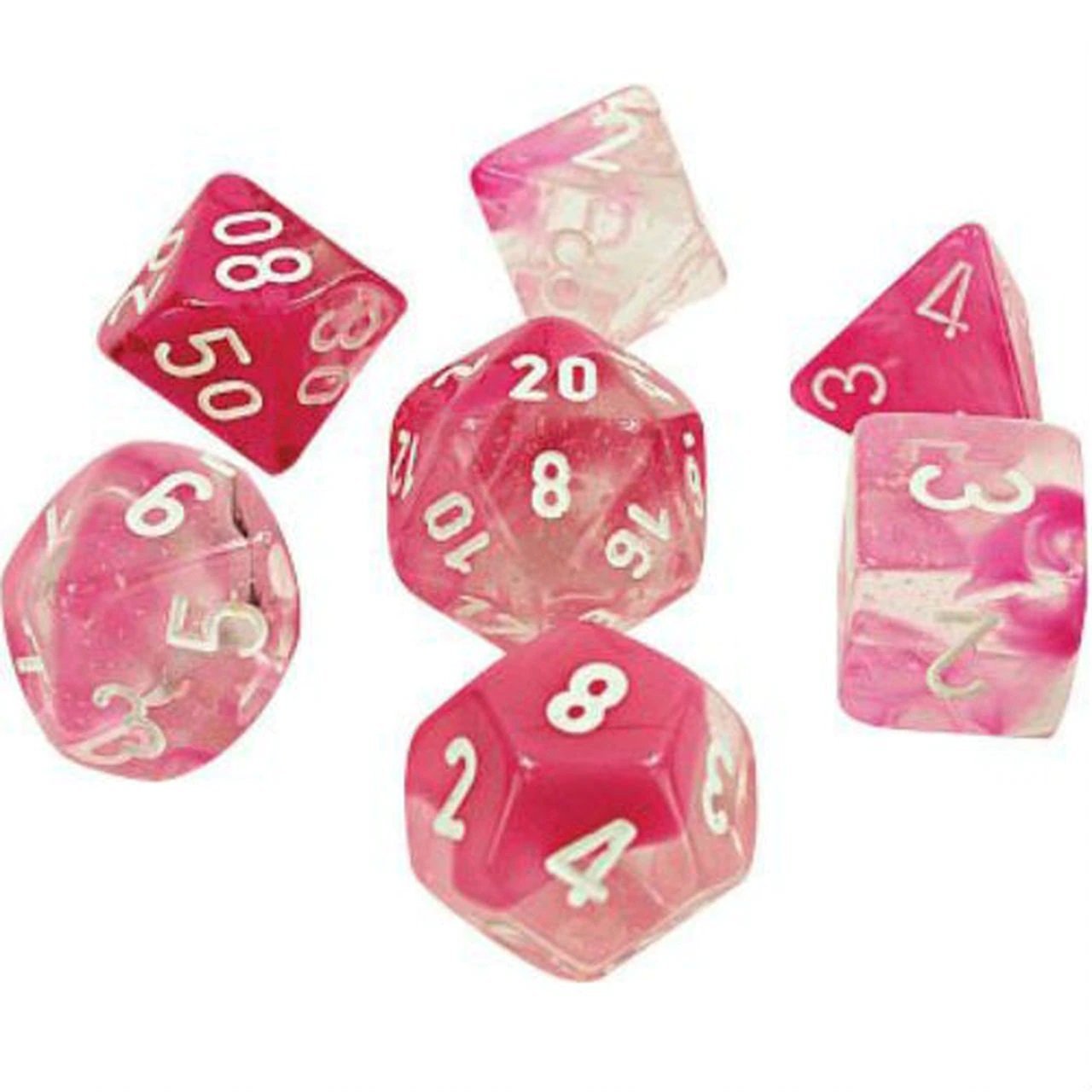 Chessex Lab Dice Gemini? Clear-Pink Polyhedral Dice with White Numbers - Set of 7