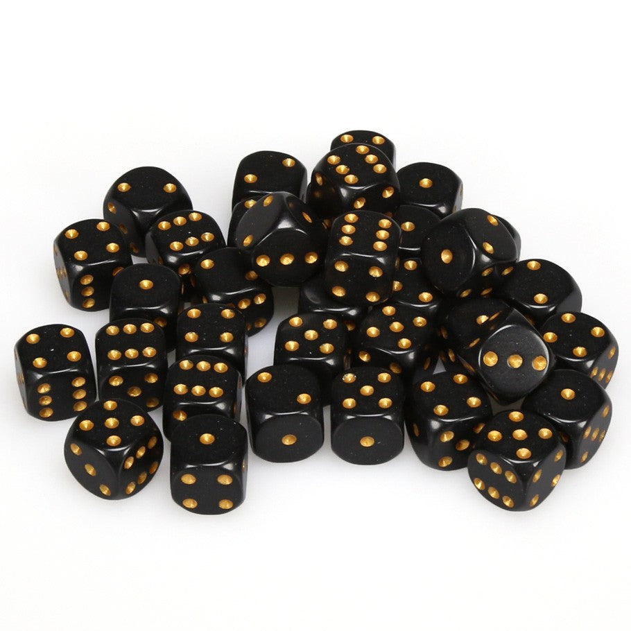 Chessex Black Opaque with Gold Pips 12 mm Dice Block (36 dice)