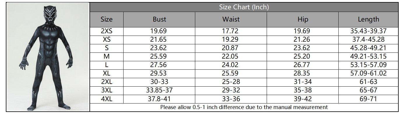 Black Panther Costume Size Chart