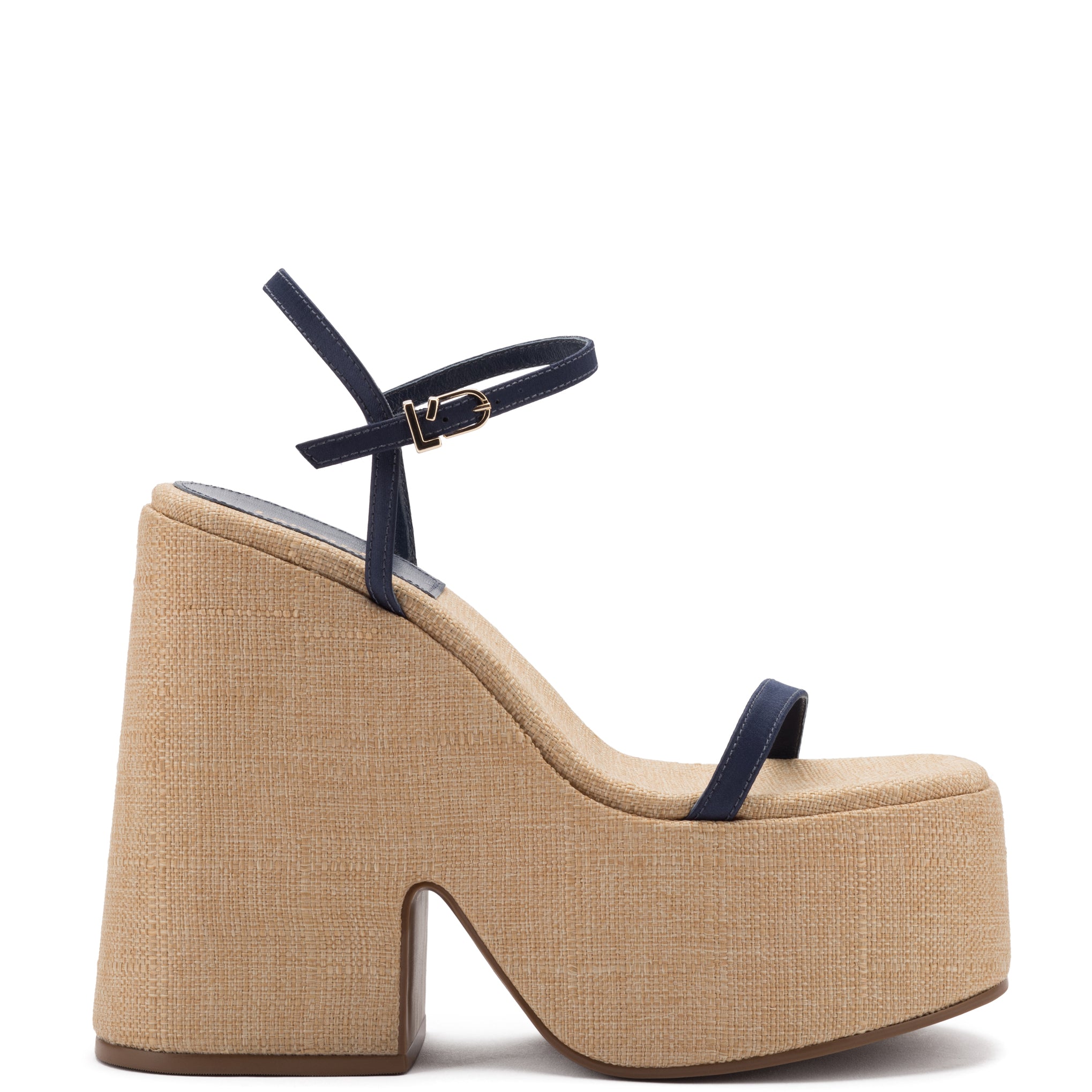 Wanda Platform Sandal In Navy Blue Satin and Raffia