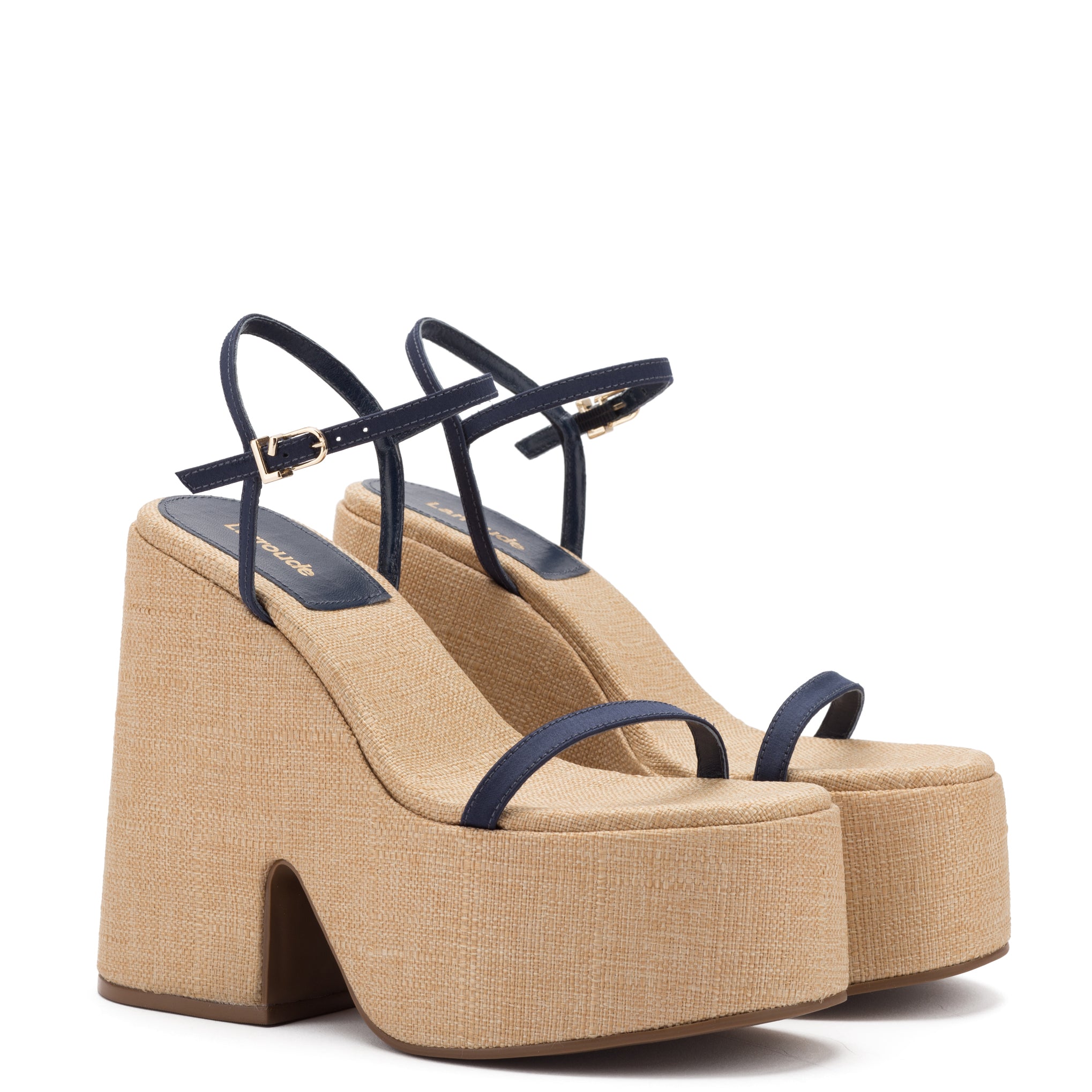 Wanda Platform Sandal In Navy Blue Satin and Raffia