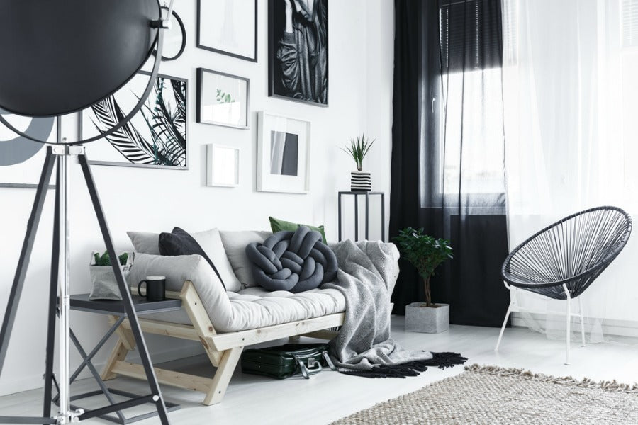 classic black white color combination living room and curtains