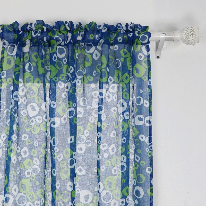 colorful purplish curtains with circular colored shapes