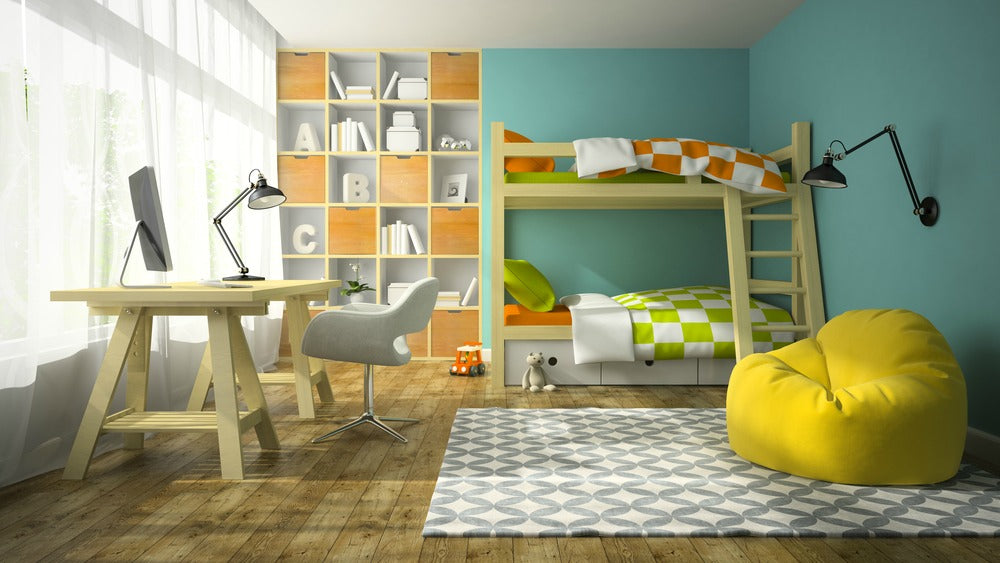 A brightly lit room is essential for children's activities, with sheer curtains, wooden decorations and neutral colors