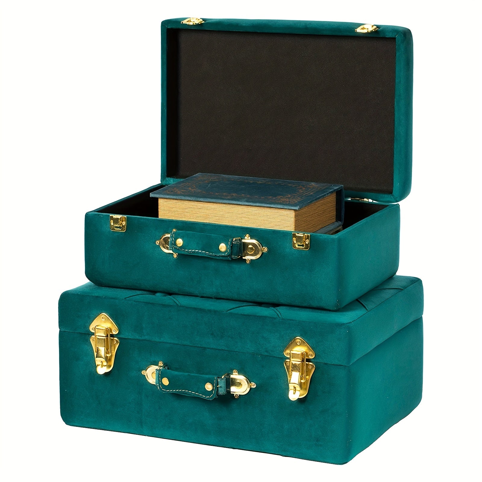 Set Of 2,Vintiquewise Decorative Tufted Velvet Suitcase Treasure Chest,L:18.9X13X7.8 S:16.5X10.6X6.3 Inch,Retro Multi-purpose Ornaments For Home Storage Interior Decor