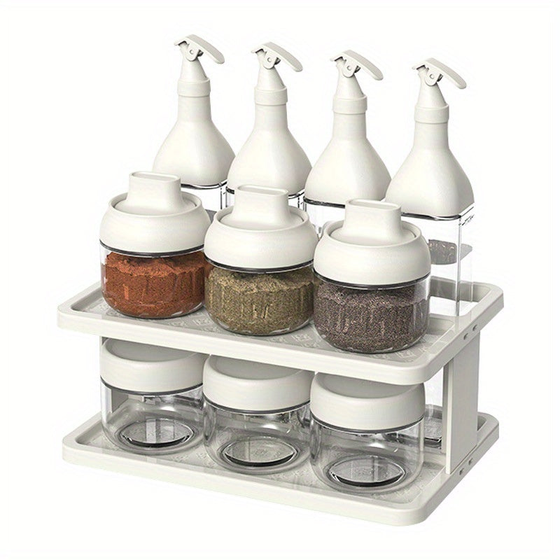 11pcs/set Spice Storage Jar Set with Rack and Labels - Double Shelf for Sealed Seasoning Bottles and Condiment Bottles - Perfect for Kitchen, Apartment, Dorm, and Back to School Supplies