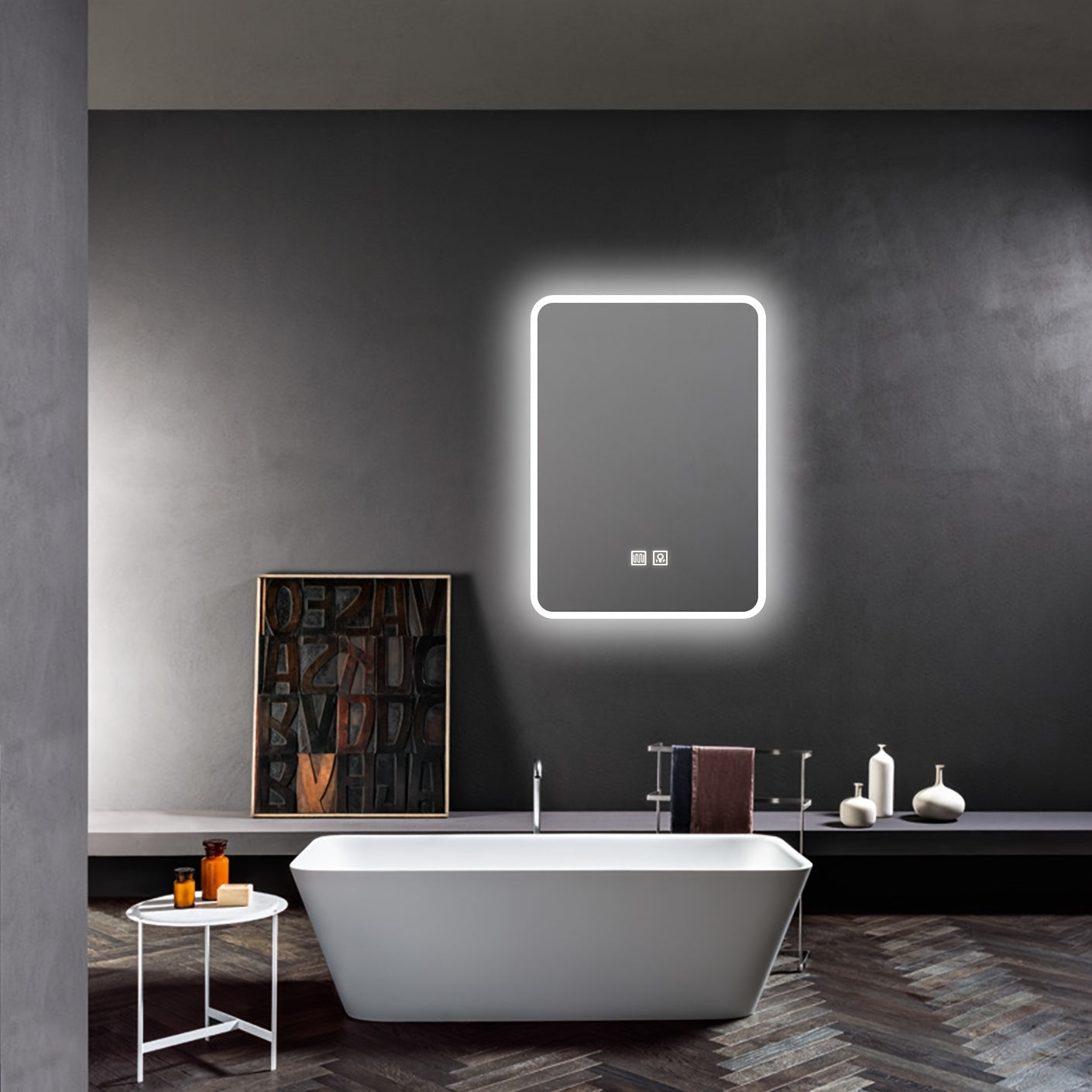 1pc Vertical Square Rounded LED Bathroom Mirror, Large-sized Wall Mounted Mirror, Adjustable Brightness, IP54 Enhanced Defogging Function, Explosion-proof Defogging In One, Dual Touch Version, Bathroom Wall Mounted Mirror, American Standard Plug