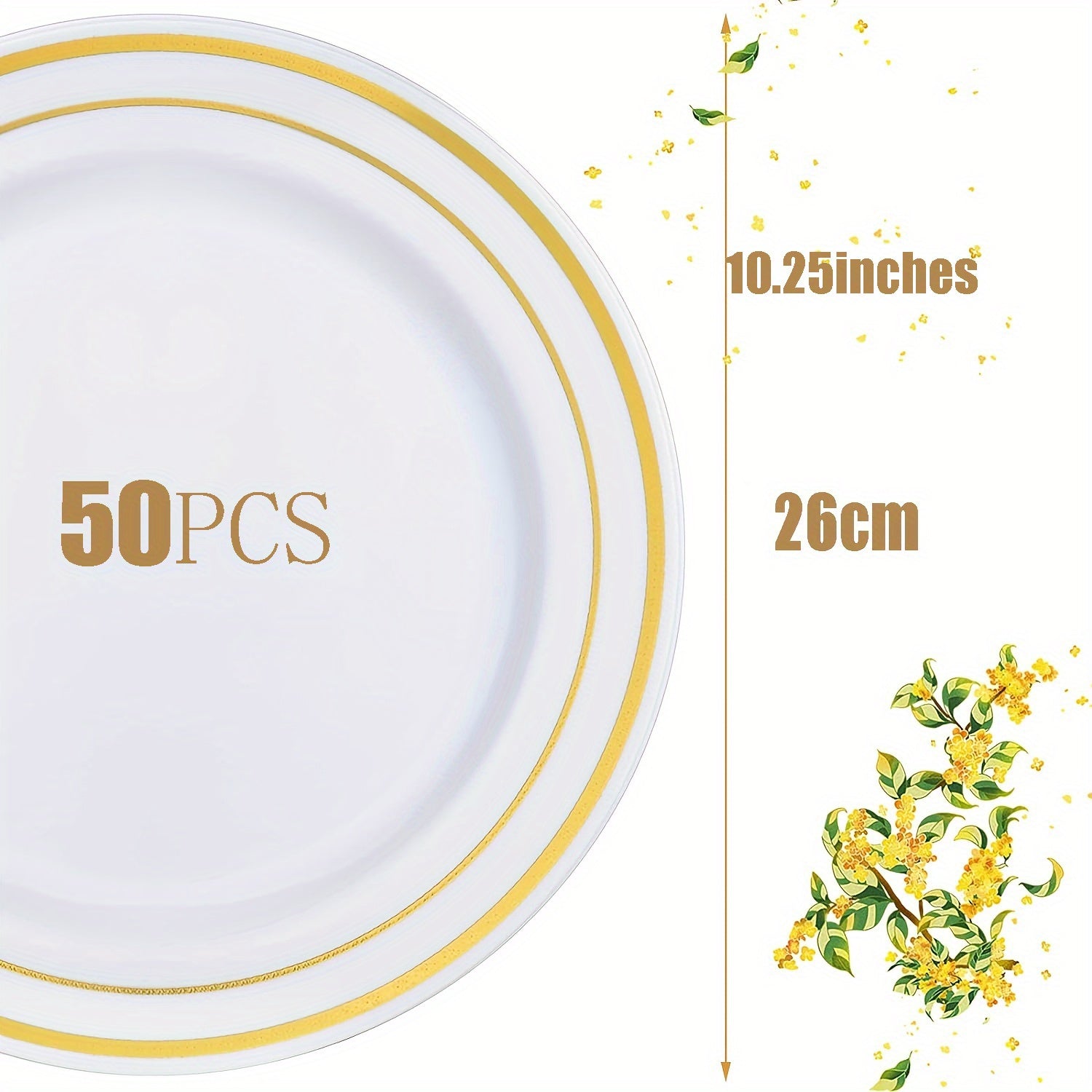 Set, Plastic Dinner Plate With Golden Rim, Plastic Dinnerware For Dessert Dinner, Disposable Plastic Disc Party Wedding Supplies, High Quality White Round Hard Plastic Dinner Plate, Table Decor, Party Decor, Party Supplies, Holiday Decor