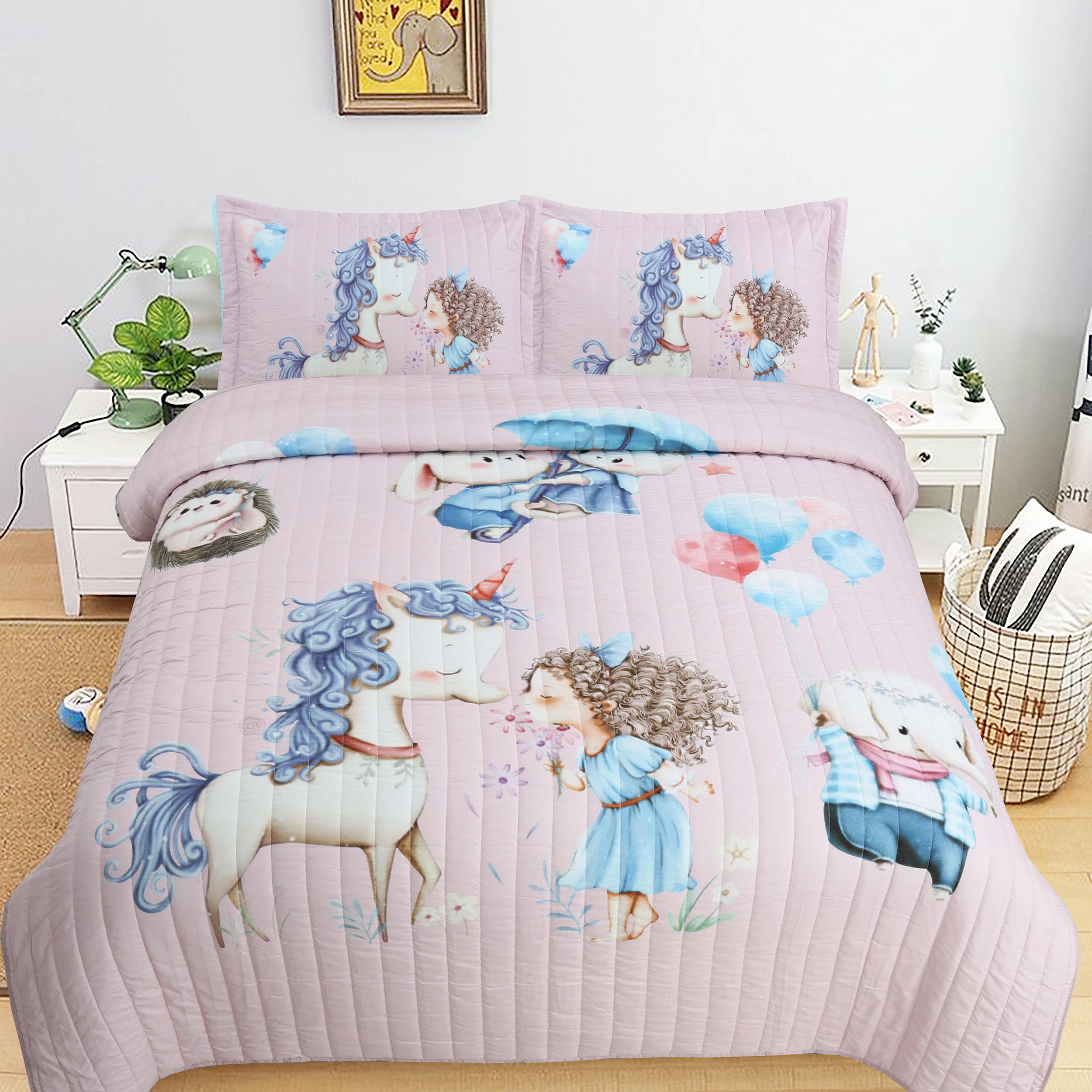 3pcs Soft and Comfortable Unicorn Quilt Set for Kids - Perfect for All Seasons - Machine Washable - Includes 1 Quilt and 2 Pillowcases (Core Not Included)