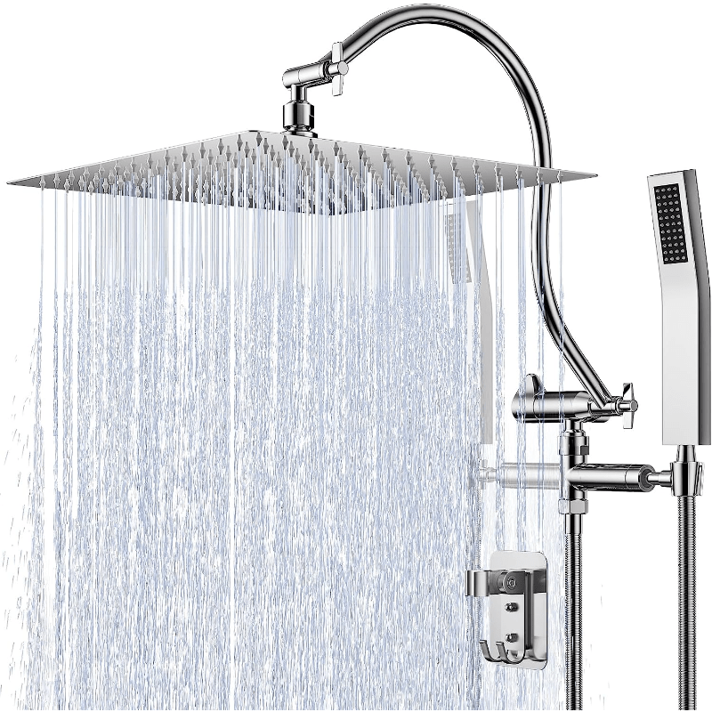 1pc All Metal Shower Head, 12' High Pressure Rainfall Shower Head, Showerhead Combo, Handheld Shower Wand, 15' Adjustable One-piece Curved Shower Extension Arm, 2 Shower Holders, Polished Chrome