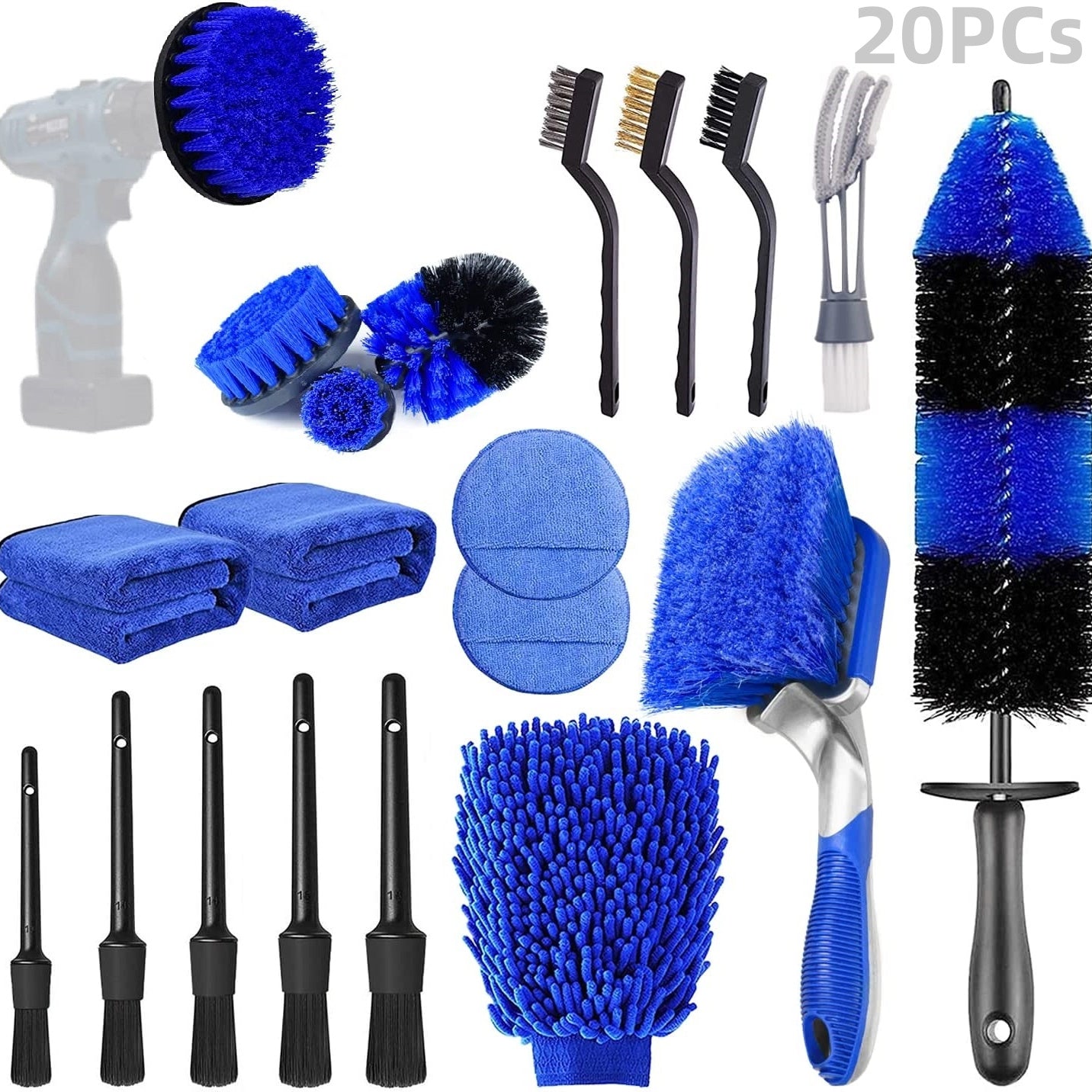 20Pcs Set Car Wheel Tire Detailing Brush Set, Car Detailing Kit, Car Detailing Brushes, Auto Detailing Drill Brush Set Kit For Wheels, Interior, Exterior, Car Parts Cleaning Accessories