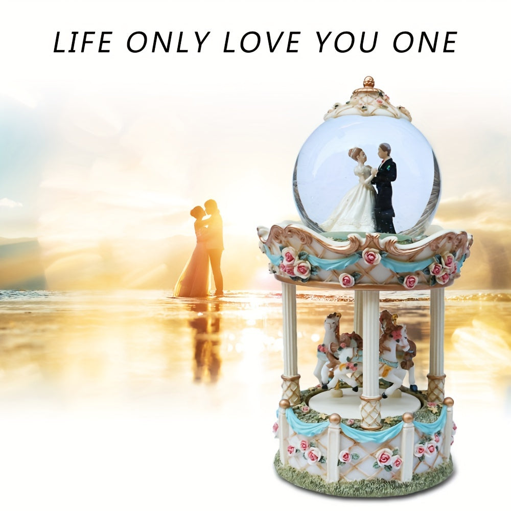 1pc,Wedding March European Style Music Box Color Changing LED Light Musical Cake Carousel Horses Snow Globe For Wife Girlfriend Lovers Marriage Gifts Day Present